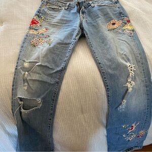 J. Crew Blue Floral Embroidered hip slung Boot Cut Jeans